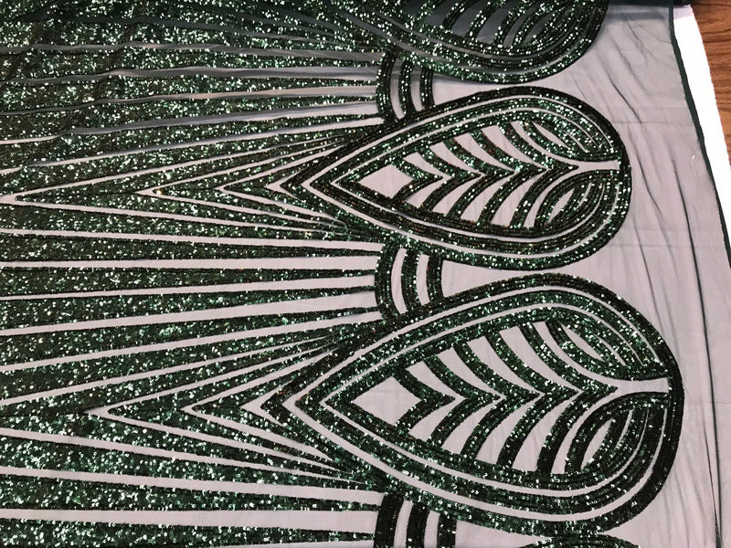 Hunter green shiny sequins geometric design embroidery on a mesh-dresses-prom-nightgown-sold by the yard-free shipping.