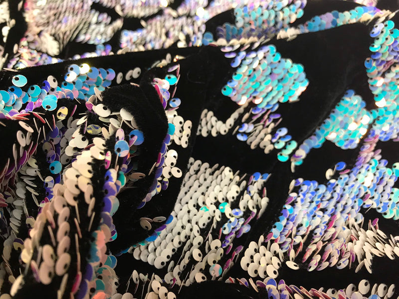 Aqua-white iridescent and reversible sequins embroidery on a 4 way stretch black velvet-dresses-fashion-sold by the yard-free shipping USA.