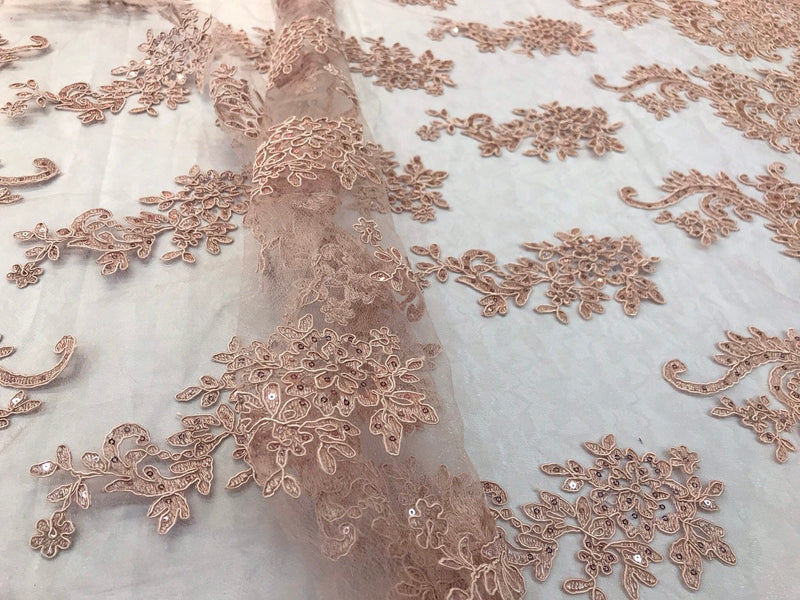 Blush pink sequin lace with cord embroidery flowers on a texture mesh-dresses-fashion-prom-nightgown-sold by the yard-free shipping.