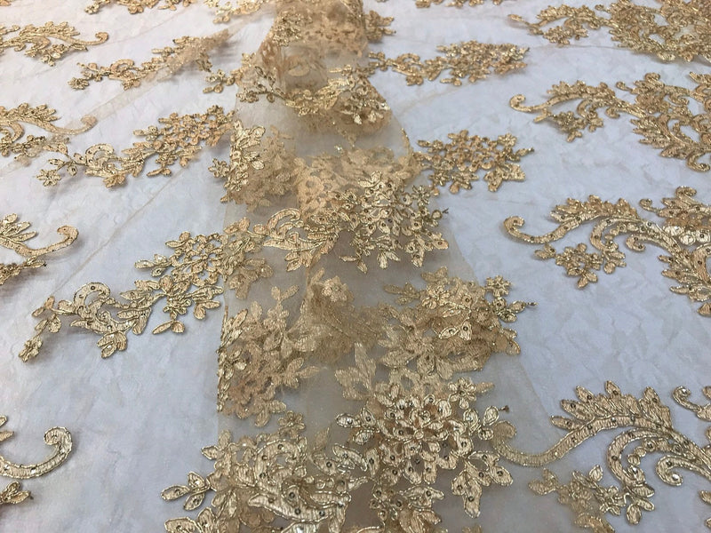 Light metallic gold sequin lace with cord embroidery flowers on a texture mesh-dresses-prom-fashion-nightgown-sold by yard-free shipping