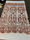 Shiny sequin damask design embroidery on a 4 way stretch mesh-dresses-prom-nightgown-sold by yard-free shipping.