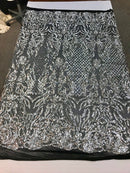 Shiny sequin damask design embroidery on a 4 way stretch mesh-dresses-prom-nightgown-sold by yard-free shipping.
