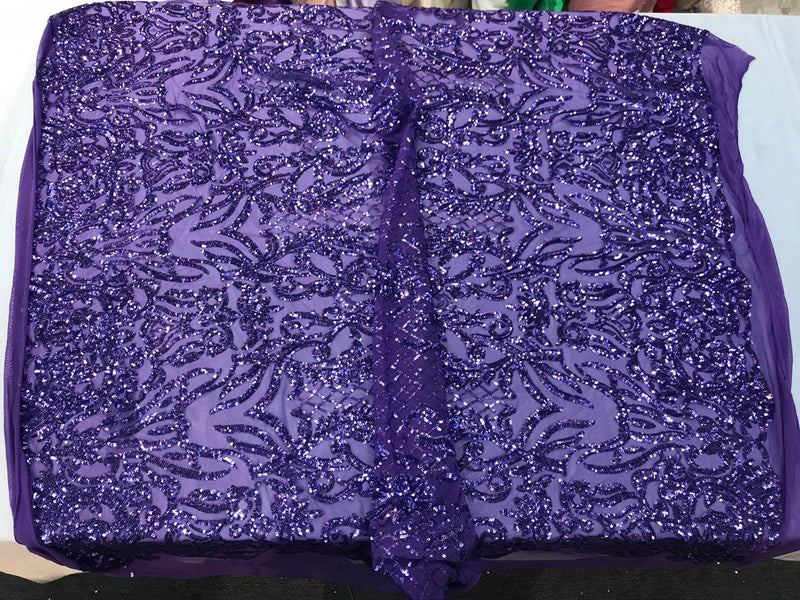 Lavender shiny sequin damask design embroidery on a 4 way stretch mesh-dresses-prom-sold by yard.