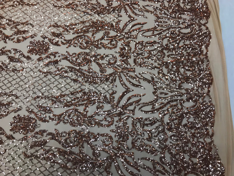 Rose gold sequin damask design embroidery on a 4 way stretch mesh-dresses-prom-sold by yard.