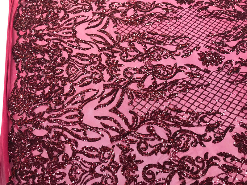 Burgundy shiny sequin damask design on a 4 way stretch mesh-sold by the yard.