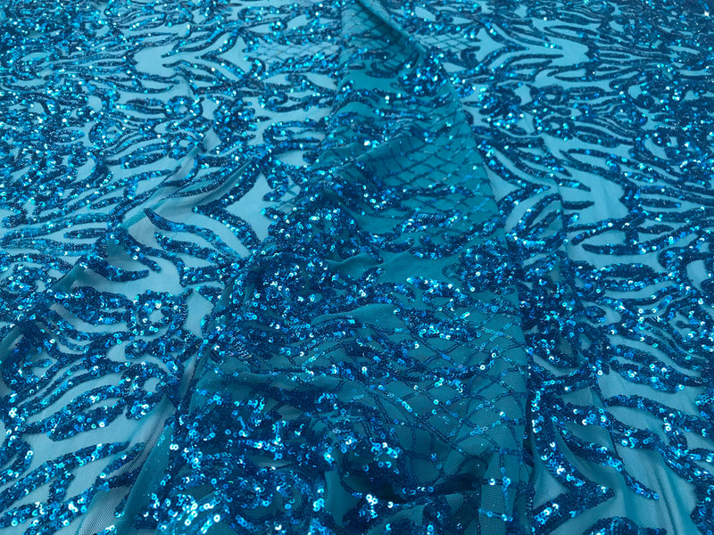 Turquoise shiny sequin damask design embroidery on a 4 way stretch mesh-dresses-prom-nightgown-sold by yard-free shipping.