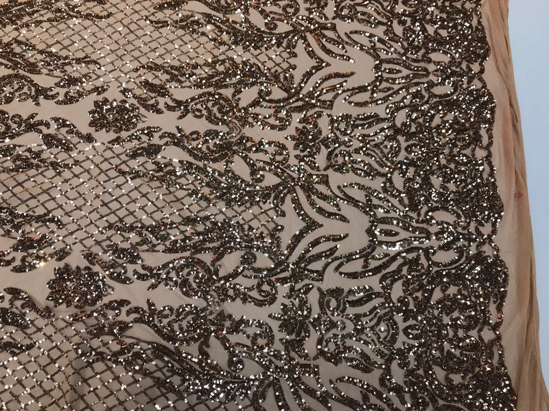 Khaki-nude shiny sequin damask design embroidery on a 4 way stretch mesh-dresses-prom-nightgown-sold by yard-free shipping.