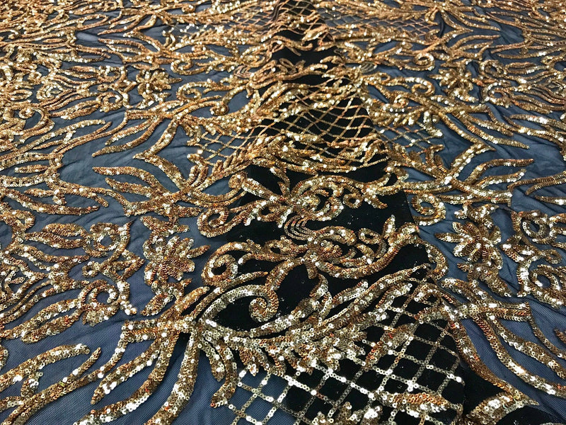 Gold shiny sequin damask design embroidery on a 4 way stretch black mesh-dresses-fashion-prom-nightgown-sd by the yard-free shipping.