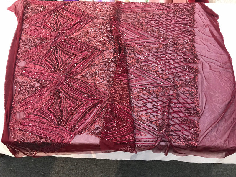 Burgundy sequin diamond design embroidery on a 4 way stretch mesh-sold by the yard.
