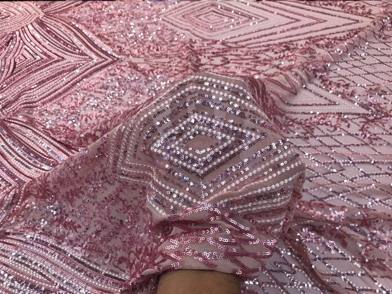 Dusty rose Sequin diamond design embroidery on a 4 way stretch mesh-sold by the yard.