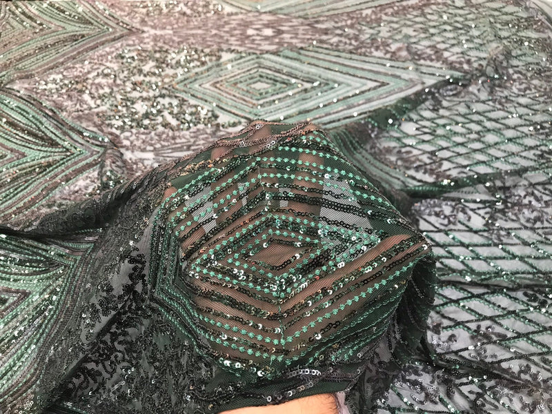 Hunter green sequin diamond design embroidery on a 4 way stretch mesh-dresses-fashion-prom-nightgown-sold by yard-free shipping.
