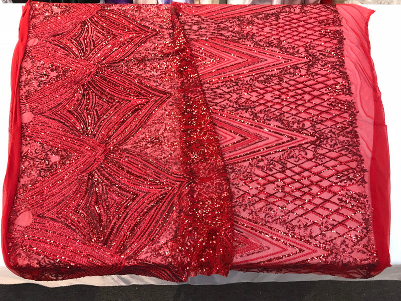 Red sequin diamond design embroidery on a 4 way stretch mesh-dresses-fashion-prom-nightgown-sold by yard-free shipping .