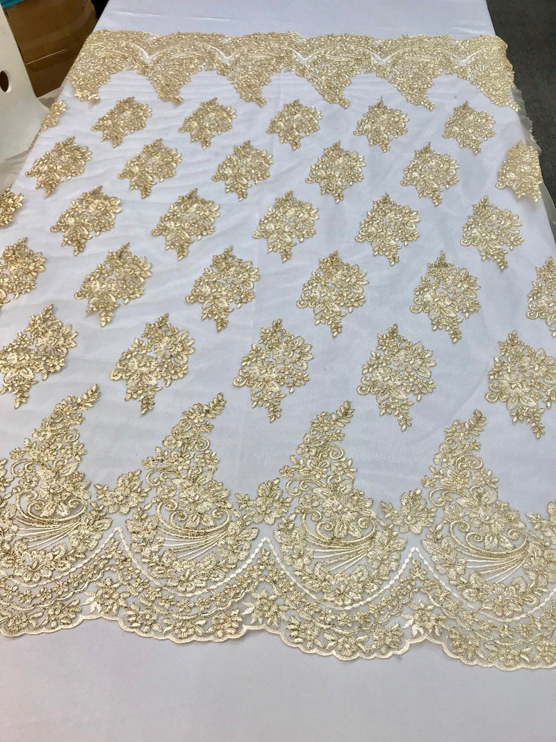 Metallic light gold floral design embroidery on a mesh lace with cord-fashion-apparel-prom-nightgown-sold by the yard-free shipping in usa-