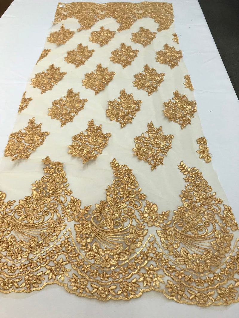 Gold floral design embroidery on a mesh lace with cord-fashion-apparel-prom-nightgown-sold by the yard-free shipping in the usa-