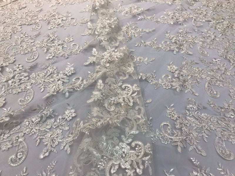 Ivory floral design embroidery on a mesh lace with sequins and cord-dresses-fashion-prom-nightgown-sold by the yard-free shipping in the USA