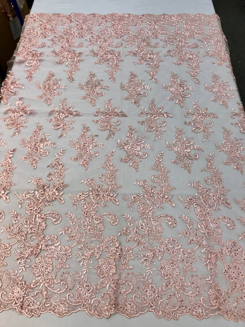 Pink floral design embroidery on a mesh lace with sequins and cord-dresses-fashion-prom-nightgown-sold by the yard-free shipping in the USA.