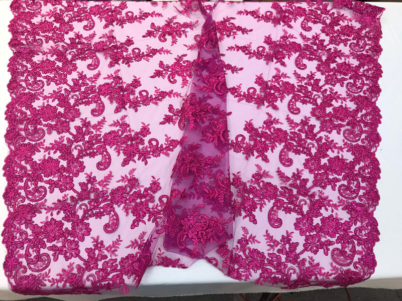 Fuchsia floral design embroidery on a mesh lace with sequins and cord-dresses-fashion-prom-nightgown-sold by the yard-free shipping in USA-