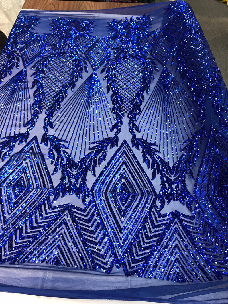 Royal blue geometric diamond design with shiny sequins on a 4 way stretch mesh-dresses-prom-nightgown-sold by yard-free shipping in the USA.