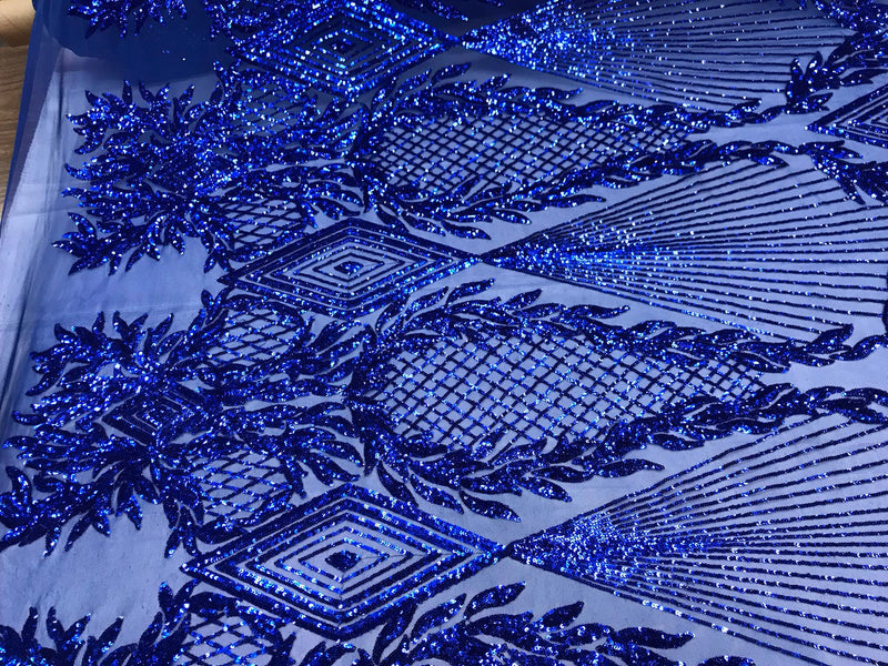 Royal blue geometric diamond design with shiny sequins on a 4 way stretch mesh-dresses-prom-nightgown-sold by yard-free shipping in the USA.