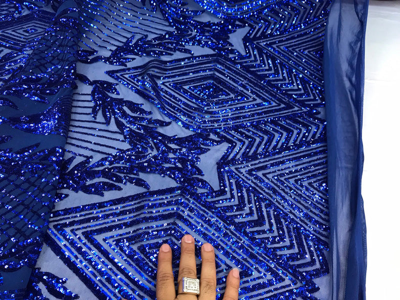 Royal blue geometric diamond design with shiny sequins on a 4 way stretch mesh-dresses-prom-nightgown-sold by yard-free shipping in the USA.