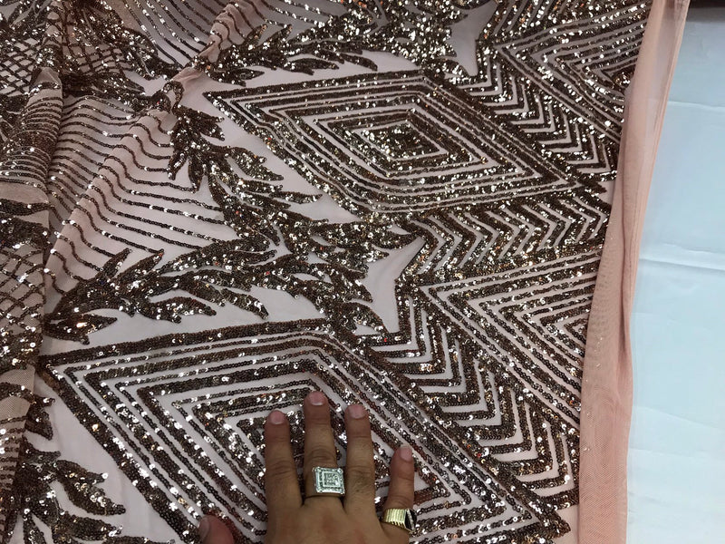 Khaki-nude geometric diamond design with shiny sequins on a 4 way stretch mesh-dresses-prom-nightgown-sold by yard-free shipping in the USA.
