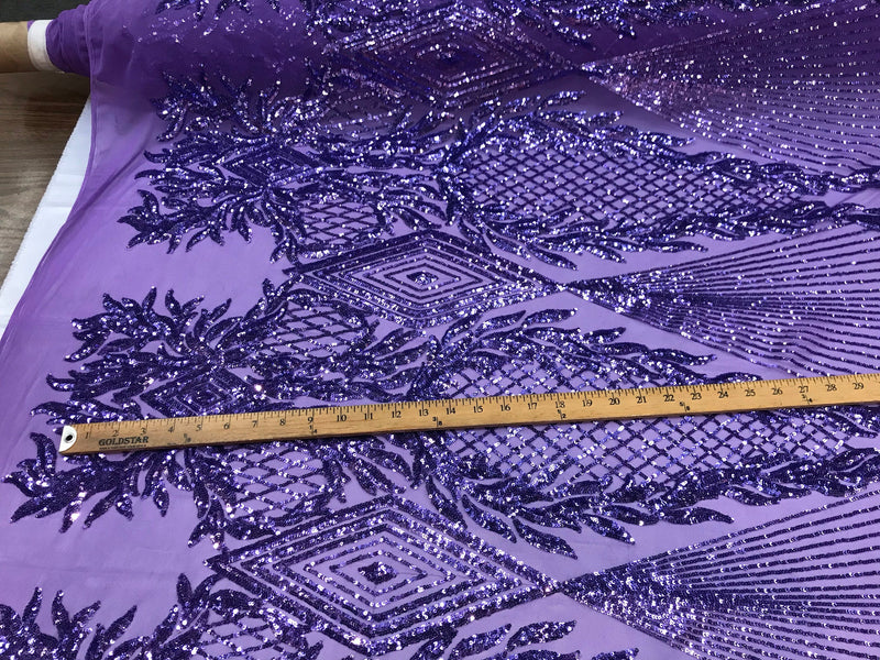 Lavender geometric diamond design with shiny sequins on a 4 way stretch mesh-sold by the yard-