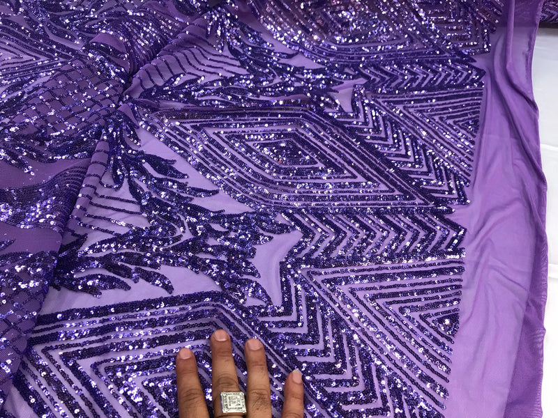 Lavender geometric diamond design with shiny sequins on a 4 way stretch mesh-sold by the yard-