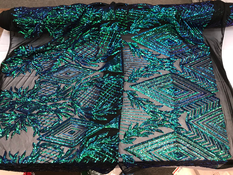 Green iridescent geometric diamond design with shiny sequins on a 4 way stretch black mesh-dresses-prom-nightgown-sold by the yard-