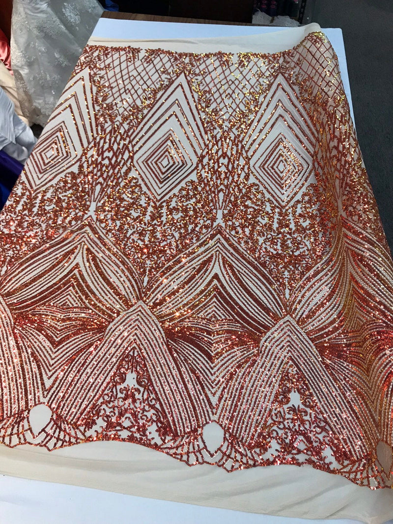 Orange geometric diamond design with iridescent sequins on a nude 4 way stretch mesh-dresses-fashion-prom-nightgown-sold by the yard-