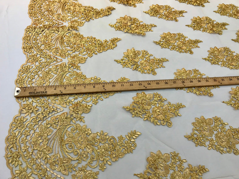 Gold metallic floral design with cord embroidery on a mesh lace-dresses-fashion-prom-nightgown-sold by the yard-free shipping in usa.