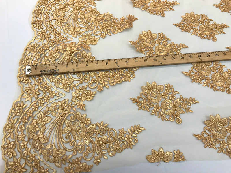 Gold floral design embroidery on a mesh lace with cord-fashion-apparel-prom-nightgown-sold by the yard-free shipping in the usa-