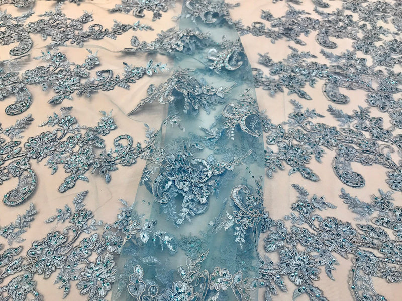 Light blue floral design embroidery on a mesh lace with sequins and corded-dresses-fashion-prom-nightgown-sold by the yard-free shipping usa
