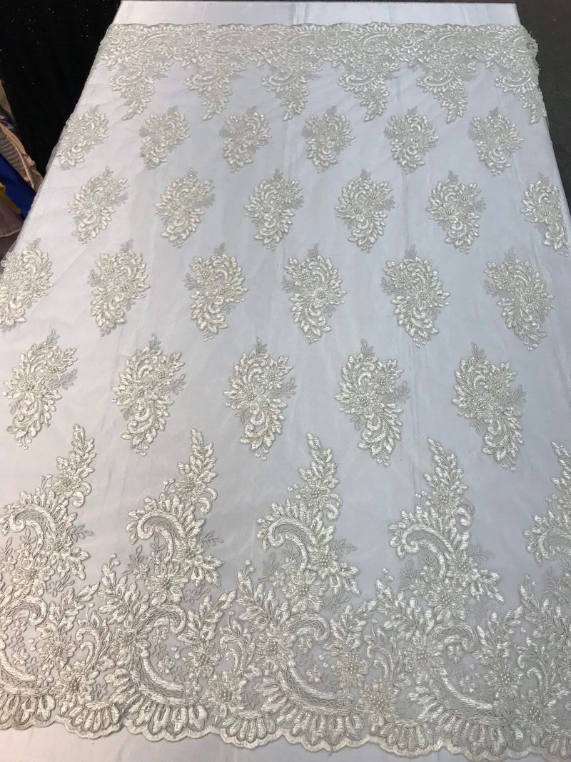 Ivory hand beaded flower design embroidery on a mesh lace-prom-nightgown-sold by the yard-free shipping in the USA-