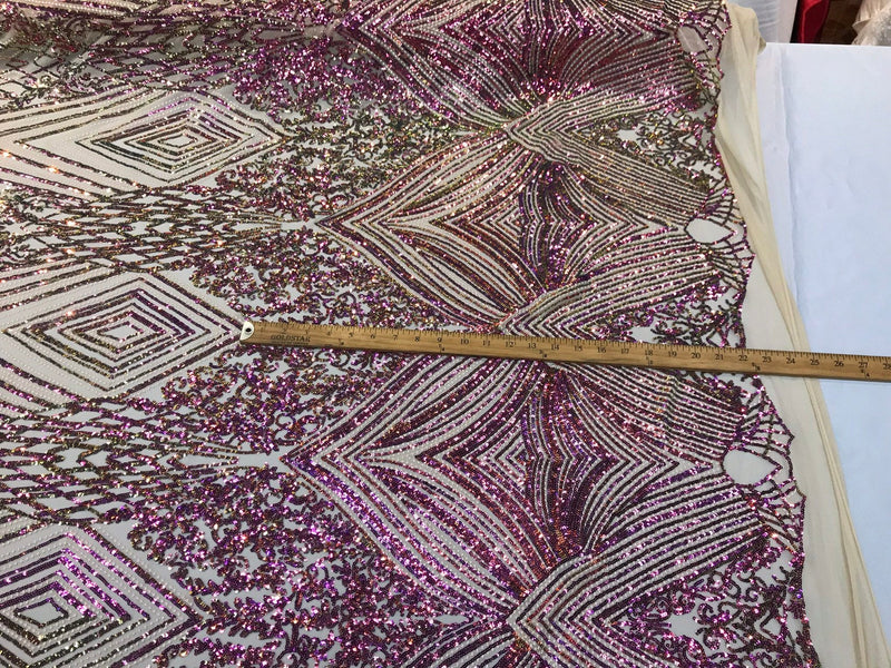 Purple-green geometric diamond design with shiny iridescent sequins on a nude 4 way stretch mesh-dresses-prom-nightgown-sold by the yard-