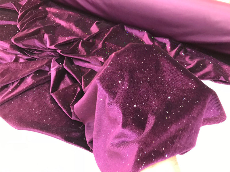 Dark purple stretch velvet with silver iridescent glitters-Selena fabric-prom-nightgown-sold by the yard