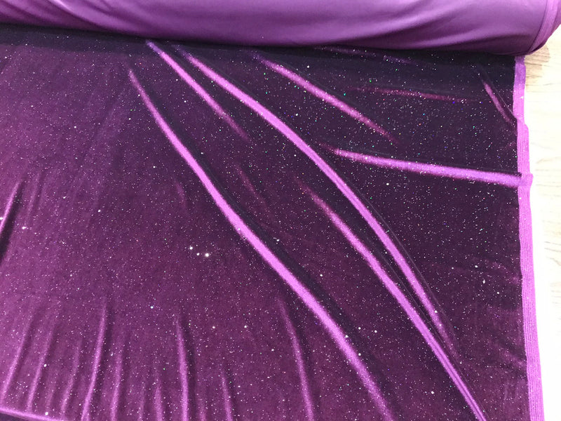 Dark purple stretch velvet with silver iridescent glitters-Selena fabric-prom-nightgown-sold by the yard