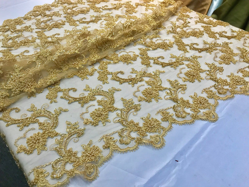 Metallic gold heavy beaded floral design embroidery on a mesh lace-prom-nightgown-sold by the yard-free shipping in the USA-