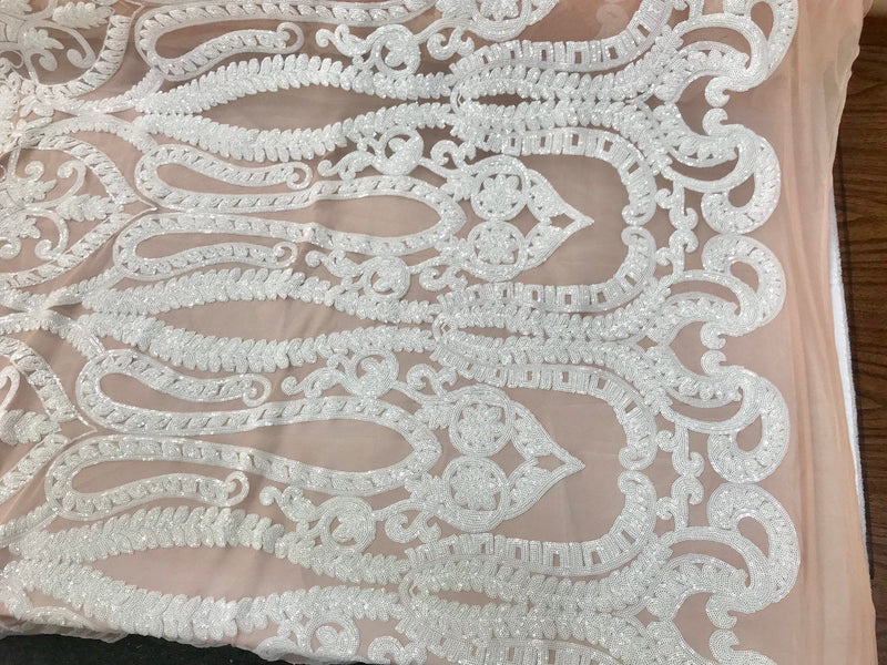 White sequin damask design  embroidery on a blush nude 4 way stretch mesh-prom-nightgown-sold by the yard-free shipping in the USA-