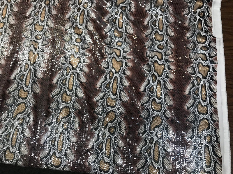 Brown-tan snake design embroidery with clear sequins on a ity spandex-sold by the yard-free shipping in the USA-