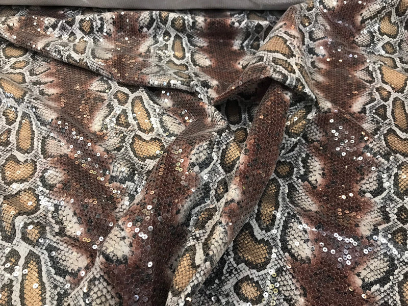 Brown-tan snake design embroidery with clear sequins on a ity spandex-sold by the yard-free shipping in the USA-