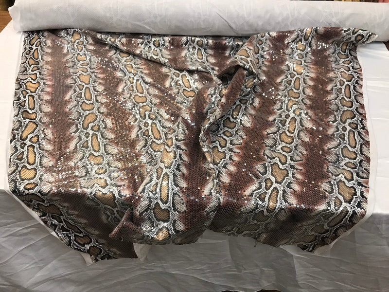 Brown-tan snake design embroidery with clear sequins on a ity spandex-sold by the yard-free shipping in the USA-