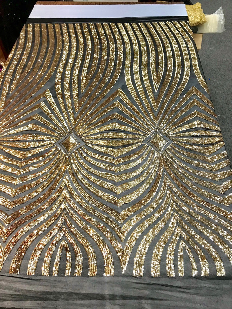 Gold geometric diamond design with shiny sequins on a black 4 way stretch mesh-sold by the yard.