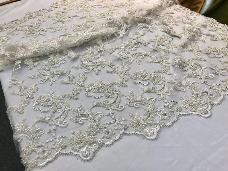 Ivory heavy beaded floral design embroidery on a mesh lace-prom-nightgown-sold by the yard-free shipping in the USA-
