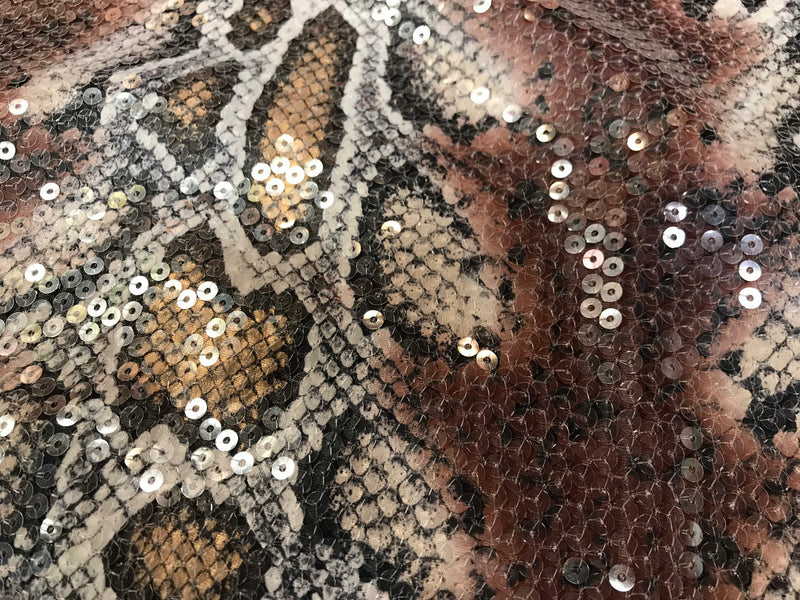 Brown-tan snake design embroidery with clear sequins on a ity spandex-sold by the yard-free shipping in the USA-