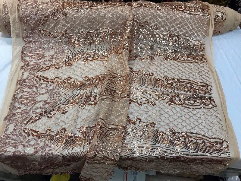 Rose gold glitter sequin damask design on a 4 way stretch nude mesh lace-prom-nightgown-sold by the yard.free shipping in the USA.