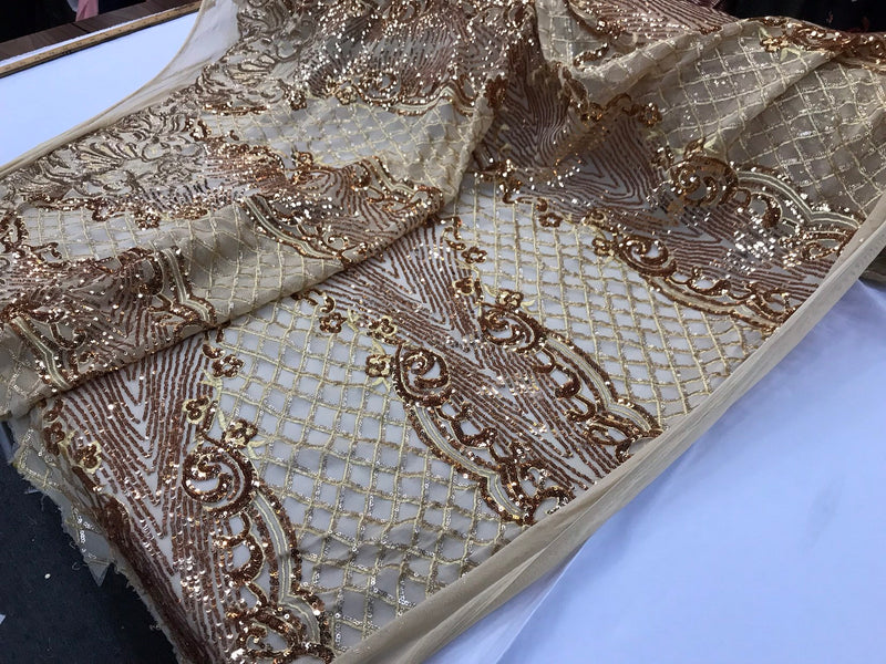 Gold glitter sequin damask design on a 4 way stretch gold mesh lace-prom-nightgown-sold by the yard-free shipping in the USA-