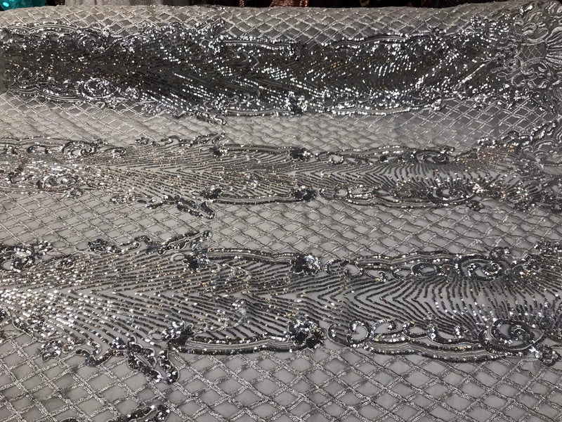 Silver glitter sequin damask design on a 4 way stretch silver mesh lace-prom-nightgown-sold by the yard-free shipping in the USA.