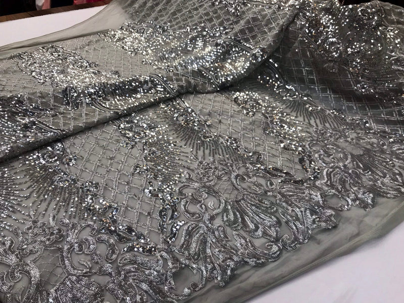 Silver glitter sequin damask design on a 4 way stretch silver mesh lace-prom-nightgown-sold by the yard-free shipping in the USA.