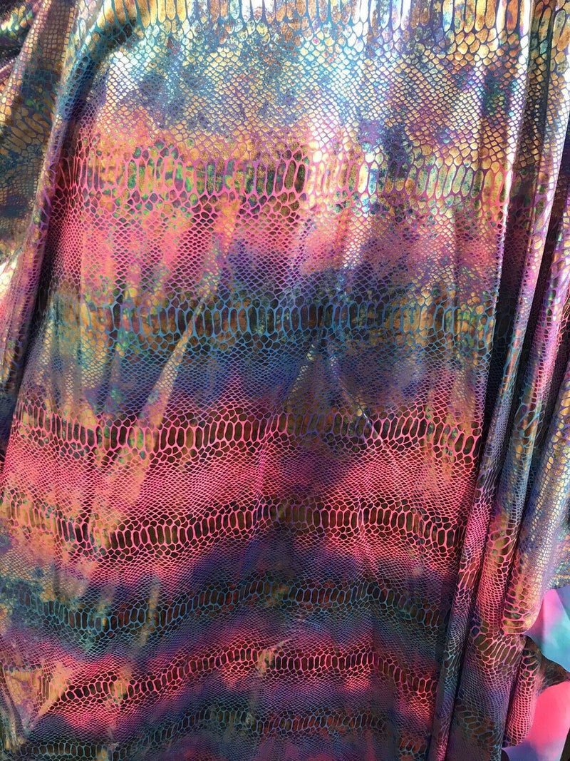 Iridescent tie dyed  snake print on a nylon 2 way stretch lycra-prom-nightgown-sold by the yard-free shipping in the usa.
