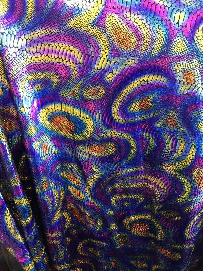 Iridescent tie dyed  snake print on a nylon 2 way stretch lycra-prom-nightgown-sold by the yard-free shipping in the usa.